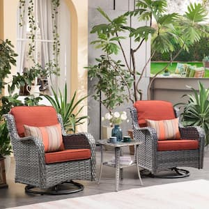 Joyoung Gray 3-Piece Wicker Outdoor Patio Conversation Set with Orange Red Cushions and Swivel Rocking Chairs