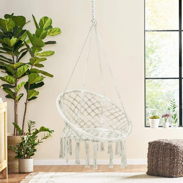 Beige 1-Person Cotton Sling Porch Swing