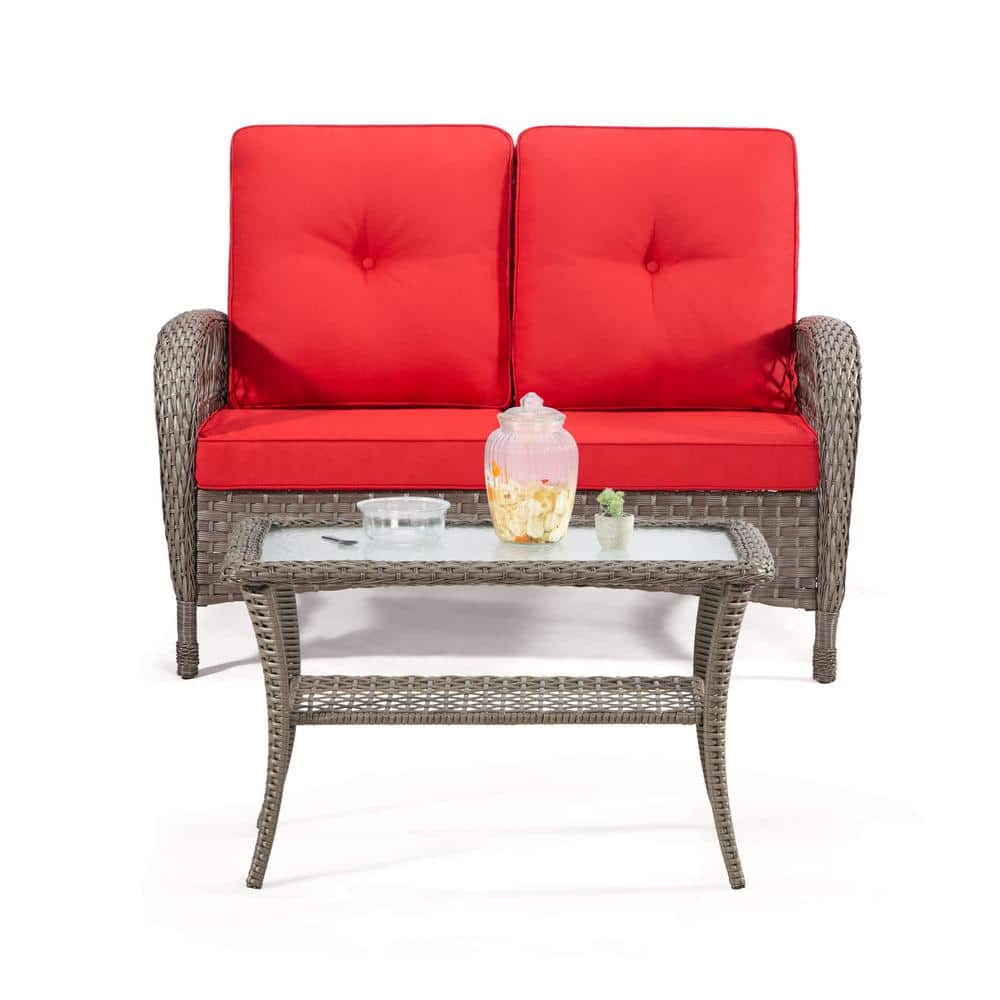2-Pieces Wicker Patio Conversation Seating Set, 1-Love Seat and 1-Coffee Ta
