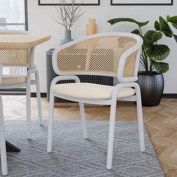 Leisuremod Modern Wicker Dining Chairs with Leather Seat in White Stainless Steel Accent Side Armchair in White