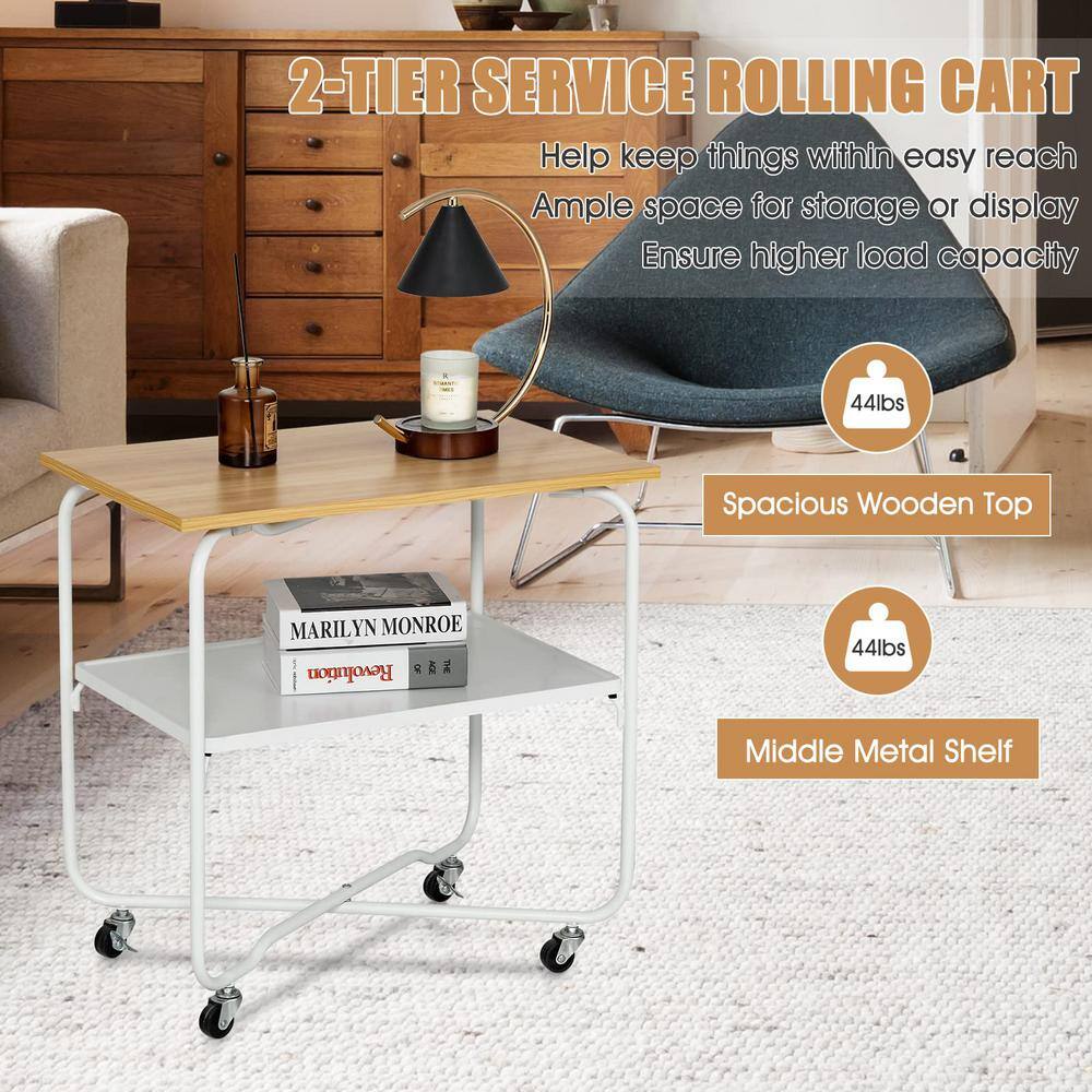 Natural Wood and White Metal 2-Tier Rolling End Table
