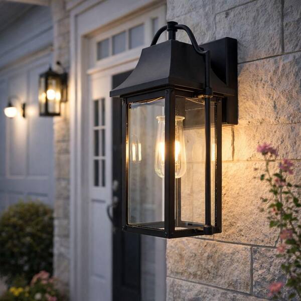 14.75 in. Black Outdoor Hardwired Wall Lantern Sconce with No