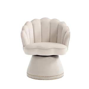 Modern Beige Velvet Upholstered Swivel Round Accent Arm Chair