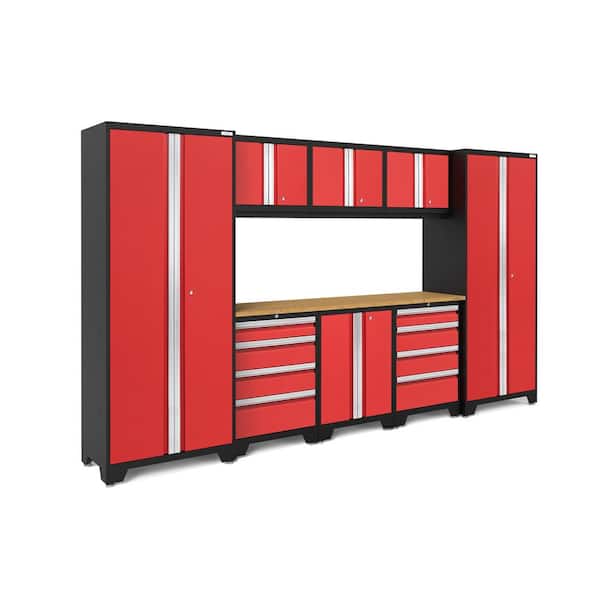 NewAge Products Bold 3.0 77.25 in. H x 132 in. W x 18 in. D 24-Gauge Welded Steel Garage Cabinet Set in Red (9-Piece)