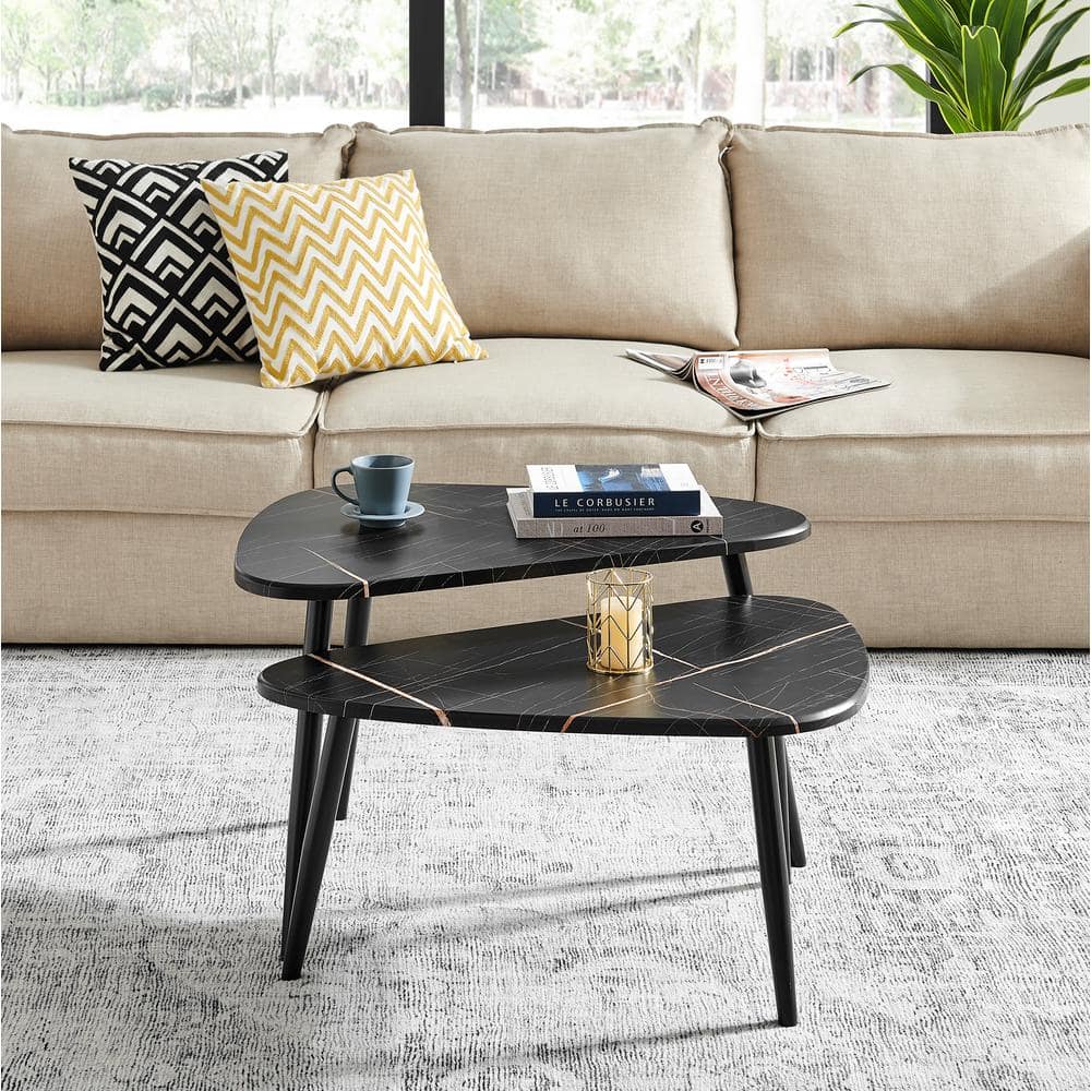 Aurora Black Marble and Metal Oval Semi-Nested Coffee Table Set