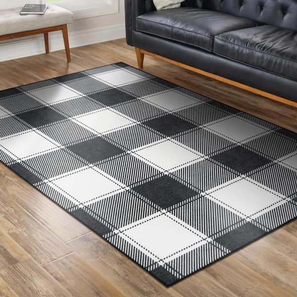 Buffalo Plaid Black and White 5 ft. x 7 ft. Machine Washable Area Rug