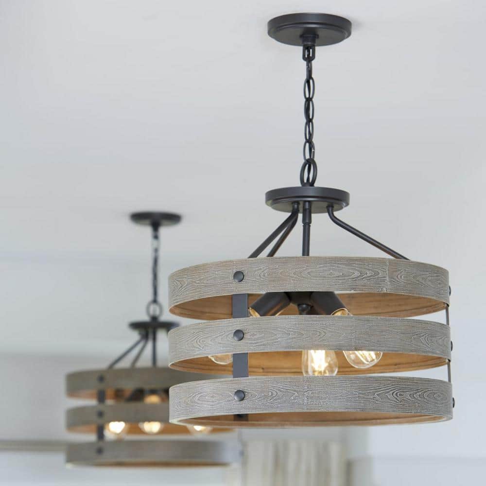 Gulliver Graphite & Wood-Grain 17" Drum Semi-Flush Ceiling Light