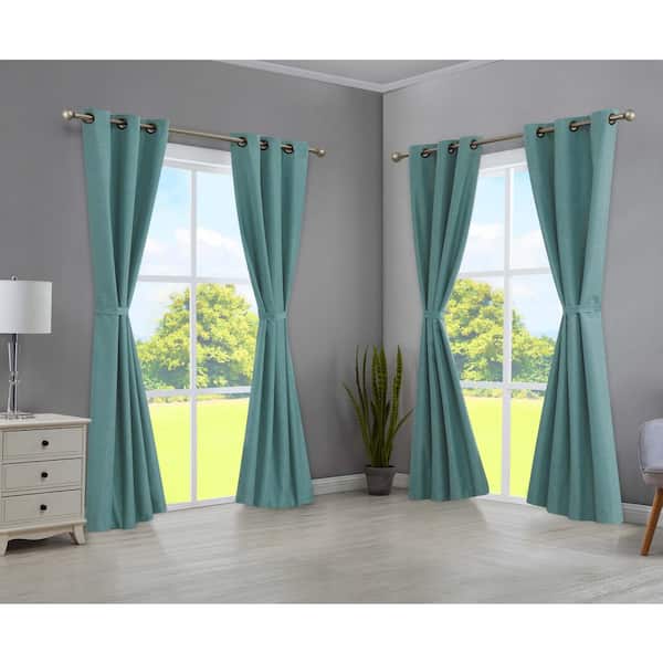 CREATIVE HOME IDEAS Legrae Turquoise 38 in. W x 84 in. L Grommet Blackout Tiebacks Curtain(4-Panels and 4-Tiebacks)