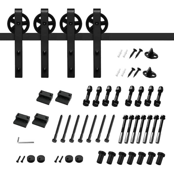 12 ft./144 in. Black Steel Sliding Barn Door Track and Hardware Kit for Double Doors with Floor Guide Bigwheel J Shape)