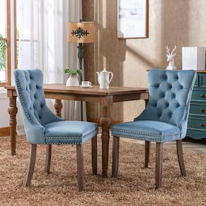 Nexa Light Blue Upholstered Tufted Velvet Dining Chairs with Nailhead Trim, Rubberwood Legs and Frame, Set of 2