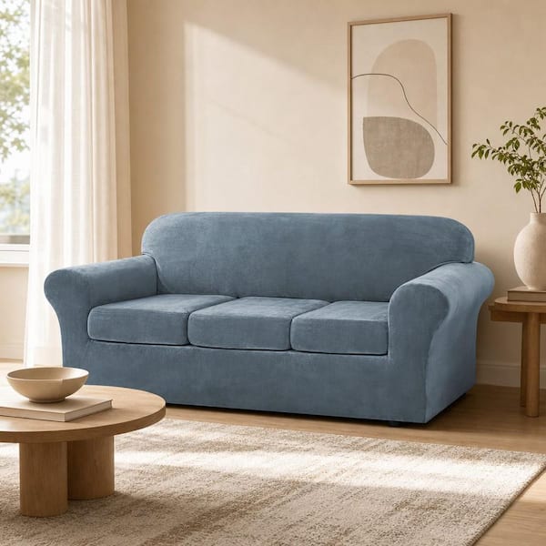Angel Sar Stone Blue 4-Piece Velvet Sofa Covers, High Stretch Slipcovers, Furniture Protector, Couch Covers for 3 Cushion Sofa