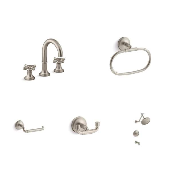 Paces 8 in. Widespread Faucet, Towel Ring, Toilet Paper Holder, Robe Hook and Tub/Shower Faucet Set in Brushed Nickel
