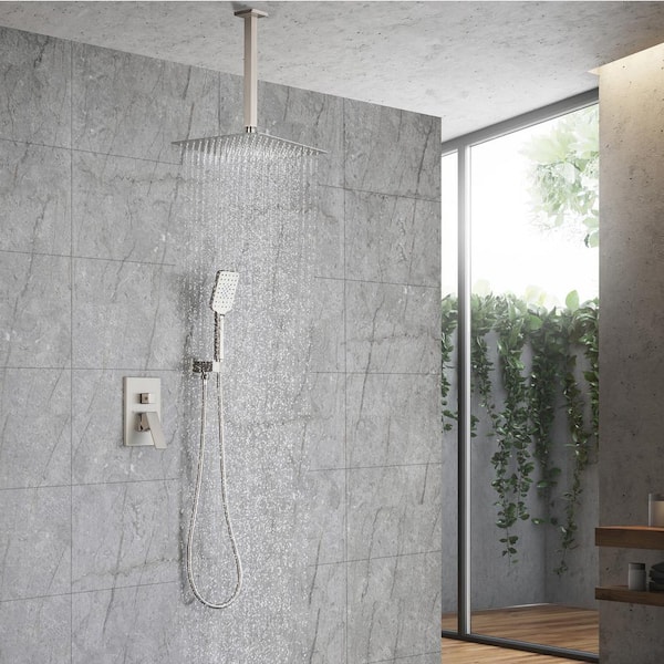 12 in. Ceiling Mounted Single-Handle 1-Spray Square High Pressure Shower Faucet in Brushed Nickel (Valve Included)