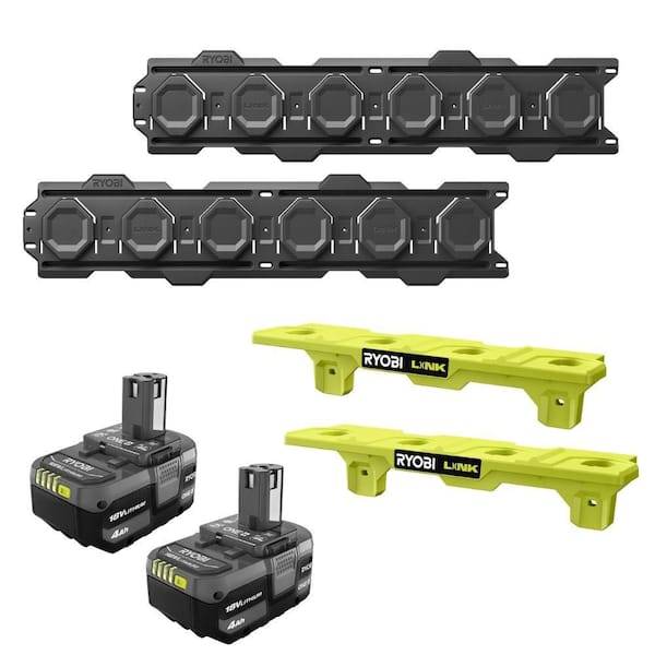 ONE+ 18V Lithium-Ion 4.0 Ah Battery (2-Pack), LINK Wall Rails (2-Pack), and (2) LINK ONE+ Battery Shelves