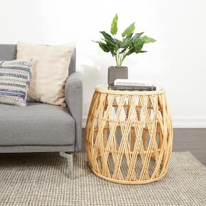 22 in. Brown Handmade Woven Geometric Large Round Glass End Table