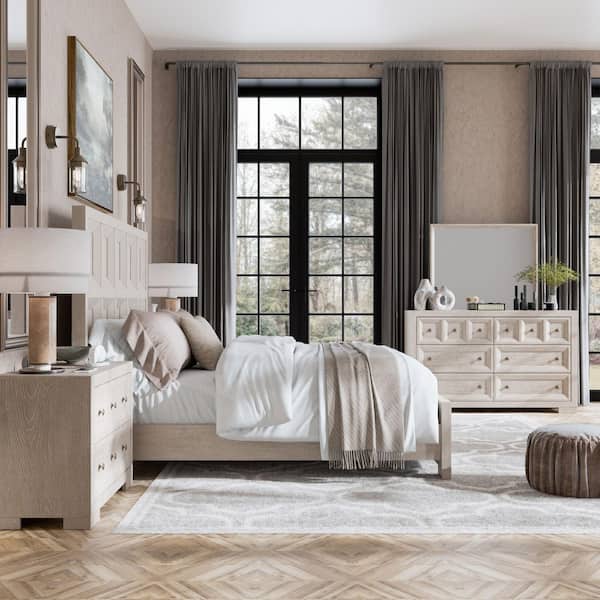 Flonnin 5-Piece Tawny Wood Frame King Panel Bedroom Set with Oversized Nightstand and Felt-Lined Top Drawers