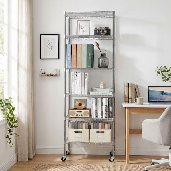 6-Tier Pantry Organizer, Adjustable Iron Display Rack with Side Hooks, Wheels and Adjustable Feet, Silver-Gray
