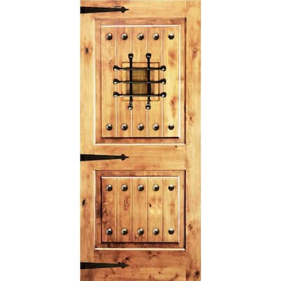 36 in. x 80 in. Mediterranean Knotty Alder Square Top Clear Stain Left-Hand Inswing Wood Single Prehung Front Door