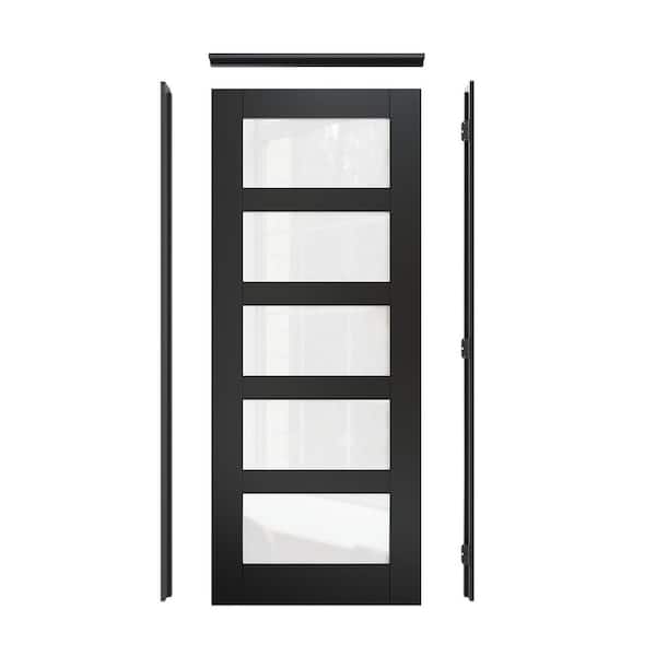 30 in. x 80 in. 5-Lite Frosted Glass Left-Hand Black Solid Core Wood Assembly Required Single Interior Door with Jamb