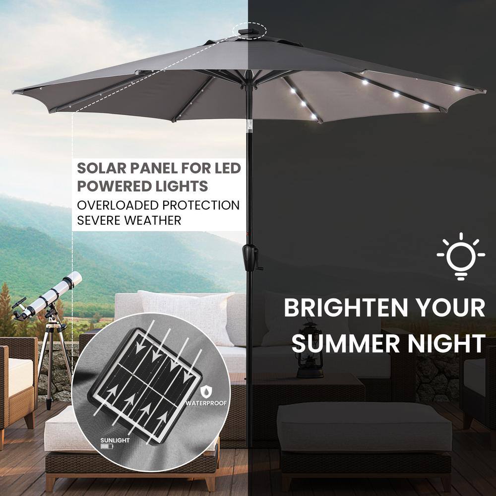 Gray 9' Round Steel Patio Umbrella with Solar LED Lights