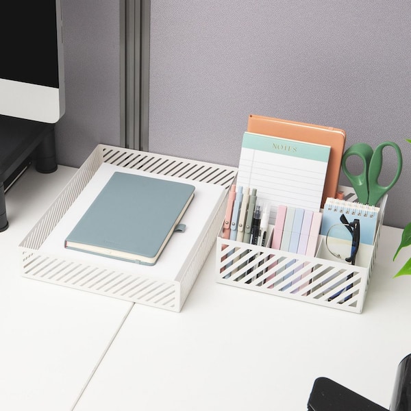 12.25 in. W x 2.25 in. H Metal Letter Size Paper Tray, Desktop Document Organizer with Non-Slip Pads, White