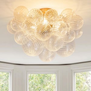 Neuvy 3-Light 20.9 in.W Brushed Gold Modern Semi-Flush Mount Chandelier with Ribbed Swirl Twisted Textured Glass Shades