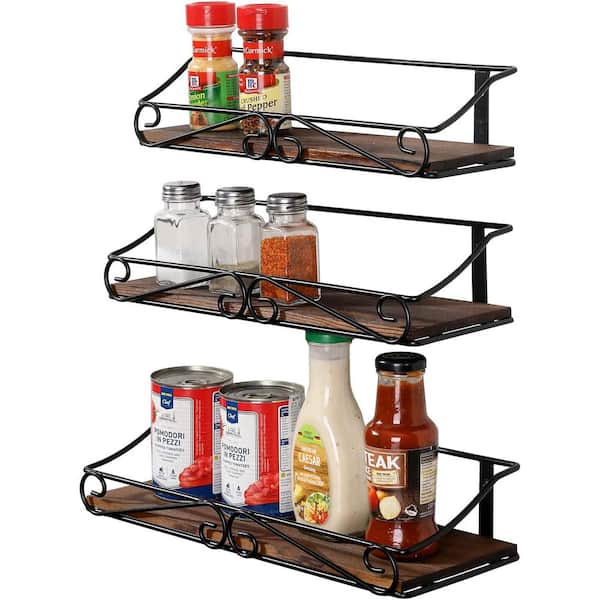 Unbranded 15.6 in. W x 5.9 in. D Kitchen Seasoning Jars and Condiment Floating Shelves,Decorative Wall Shelf Black (Set of 3)