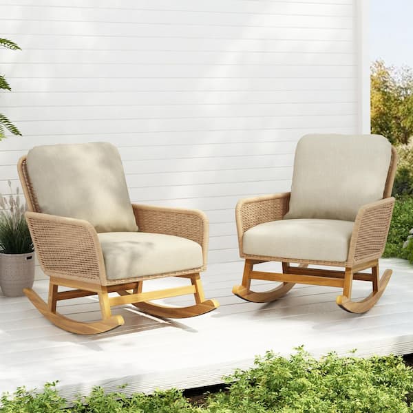 Unbranded Beige Wicker Contemporary Outdoor Rocking Chair with Beige Cushions and Durable Wooden Frame for Patio Balcony (2-Pack)