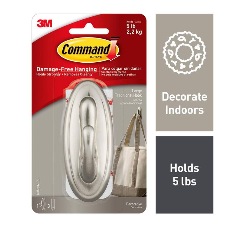 Command 5 lb. Large Brushed Nickel Traditional Hook (1 Hook, 2 Strips)