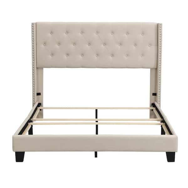 STICKON 84.8 in. W Beige Linen Wood Frame Queen Platform Bed