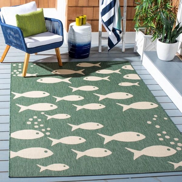 Courtyard Dark Green/Ivory 7 ft. x 7 ft. Novelty Fish Indoor/Outdoor Square Area Rug