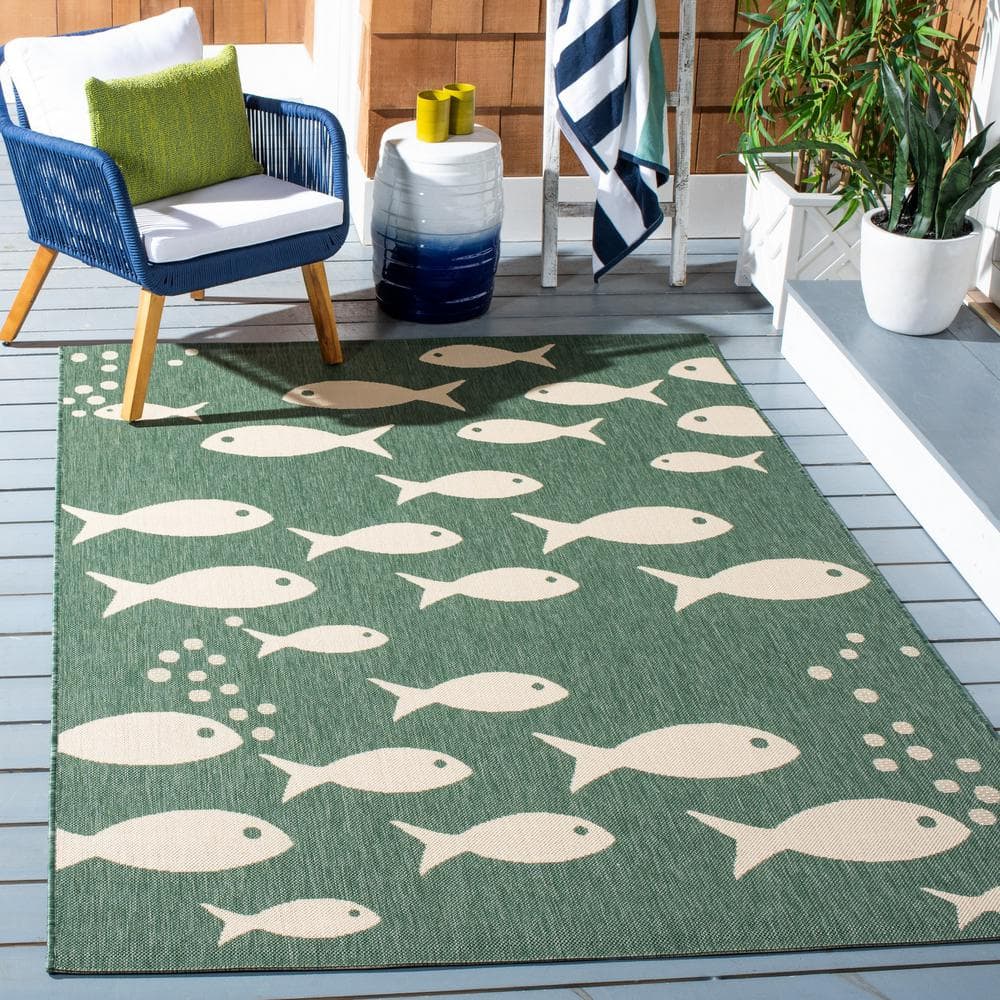 Dark Green and Ivory Fish Pattern Rectangular Synthetic Rug, 9' x 12'