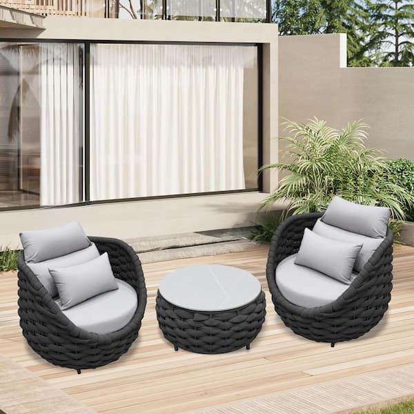 TWT Bird's Nest Shaped Black Aluminum Frame 3-piece Woven Rope Outdoor Sectional Set with Coffee Table and Gray Cushions