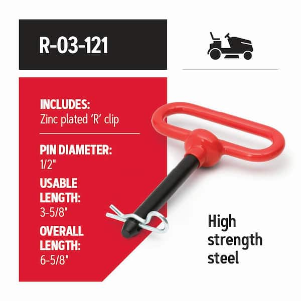 1/2 in. x 3.625 in. Replacement Hitch Pin For Riding Lawn Mowers, Universal Fit (R-03-121)