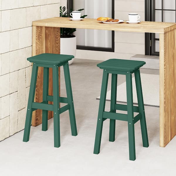 Laguna 29 in. HDPE Plastic All Weather Backless Square Seat Bar Height Outdoor Bar Stool in Dark Green, (Set of 2)
