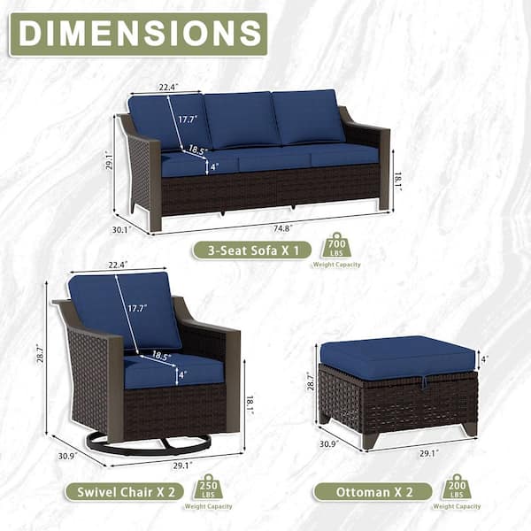 5-Piece Wicker Patio Conversation Seating Sofa Set with Blue Cushions and Swivel Rocking Chairs