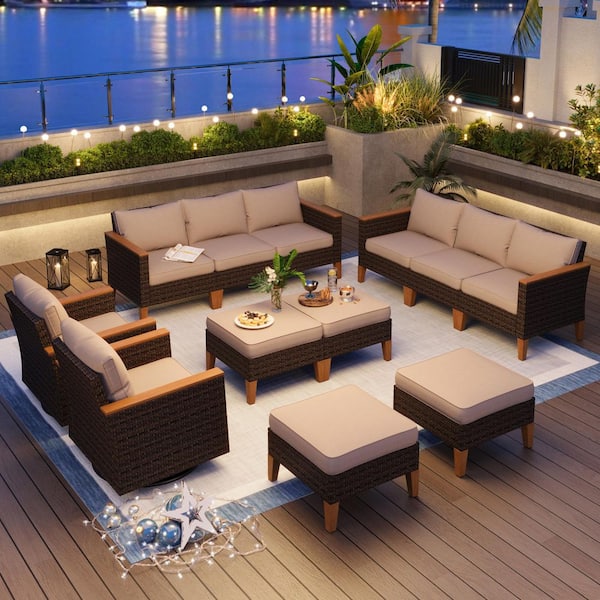 PHI VILLA Brown Wicker Rattan 12 Seat 12-Piece Steel Outdoor Patio Sectional Set with Beige Cushions,2 Swivel Sofas and 4 Ottomans