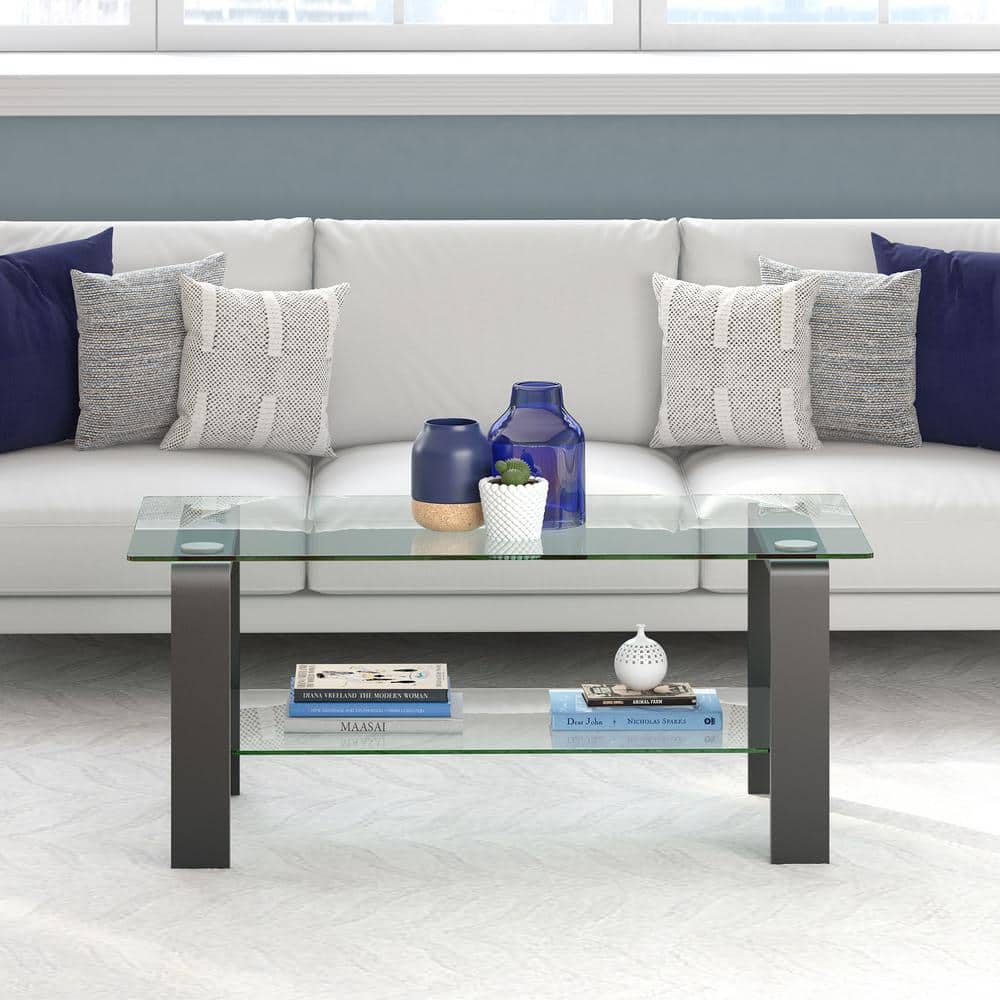 Asta Pewter Finish Rectangular Glass Coffee Table with Shelf