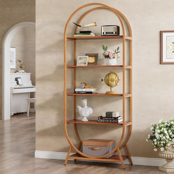BYBLIGHT Eulas 70.9 in. Tall Brown Wood 5-Shelf Etagere Bookcase with Metal Frame, Open Bookshelf Arched Bookcase