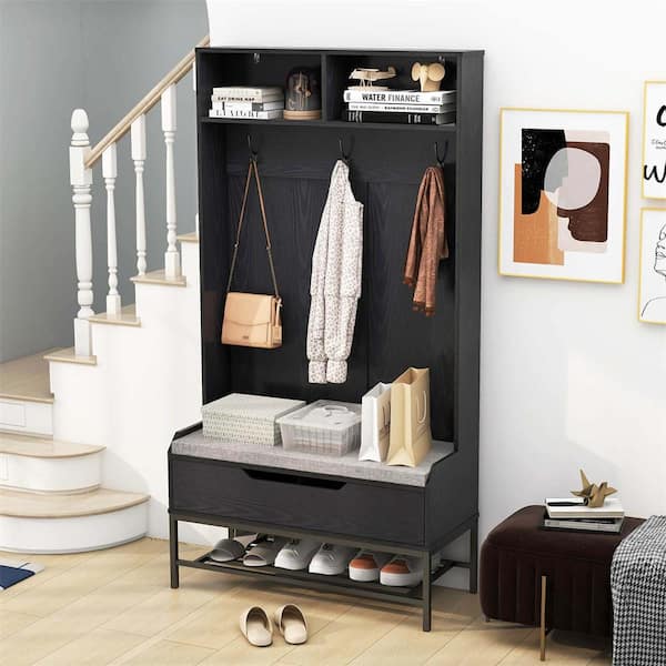 Costway Black Hall Tree with Seat Cushion and Hidden Storage