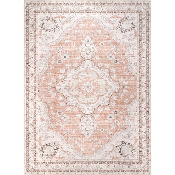 nuLOOM Tracie Machine Washable Floral Medallion Peach 8 ft. x 10 ft. Indoor Area Rug
