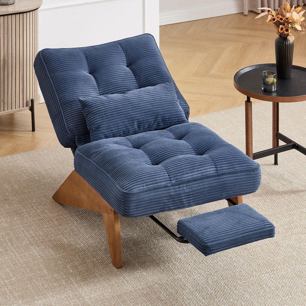 Modern Navy-Blue Corduroy Upholstered Lounge Accent Wingback Chair with Adjustable Backrest and Retractable Footrest