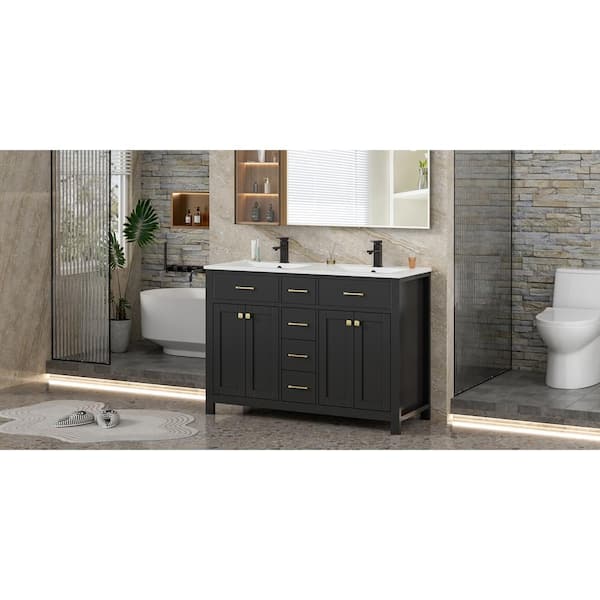 48 in. W x 18 in. D x 34 in. H 2-Sink Freestanding Bath Vanity in Black with White SMC Resin Top and Drain Faucet Set