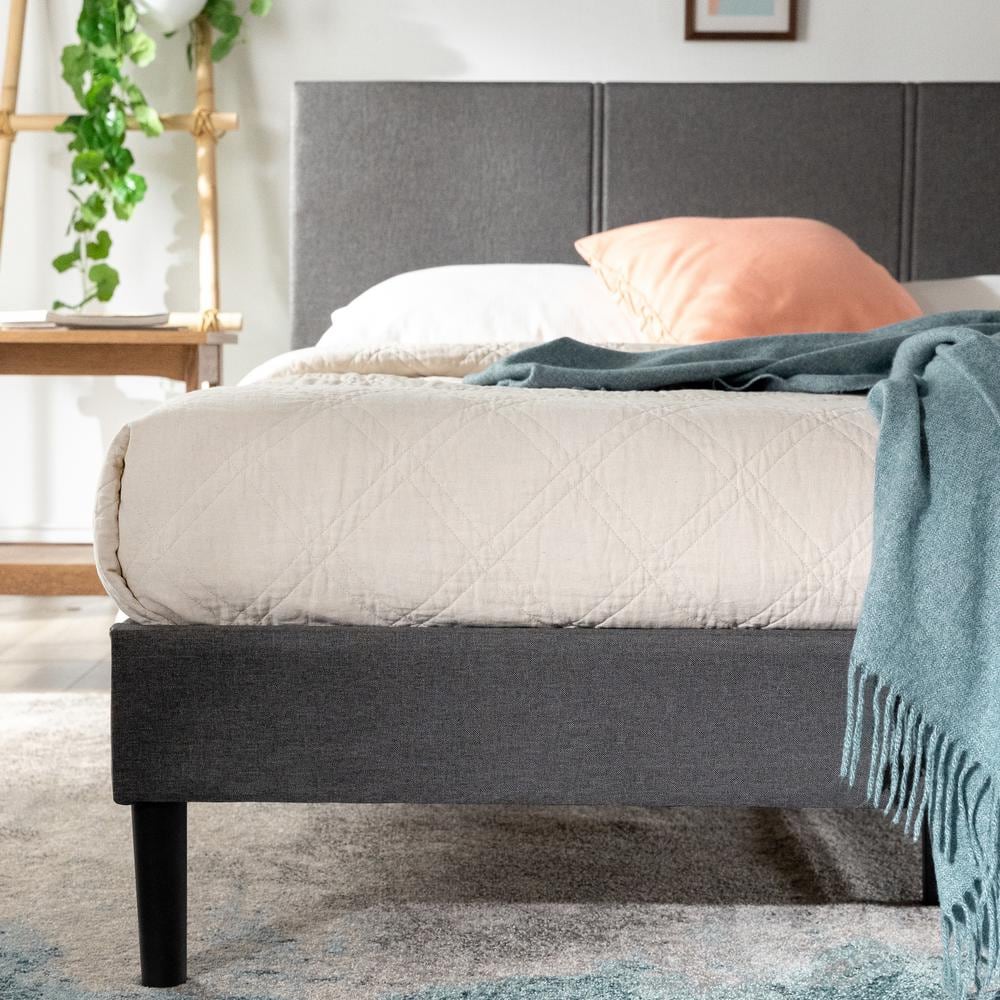 Elegant Gray Queen Upholstered Platform Bed with Bamboo Slats
