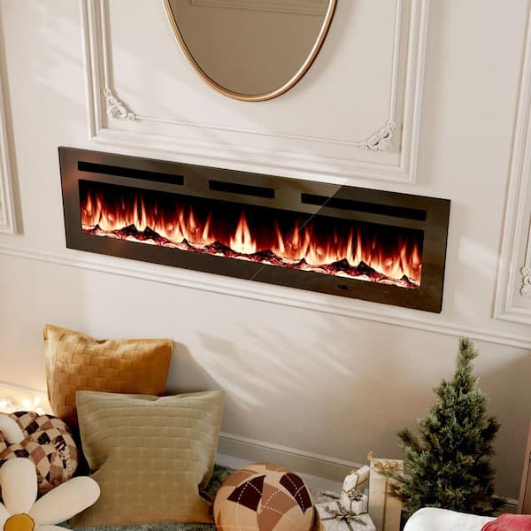 LC Series 60 in. Wall Mount Metal Electric Fireplace in Black