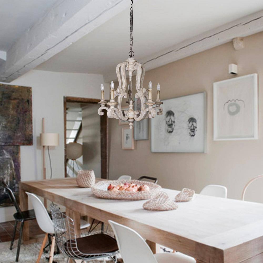 Distressed White 5-Light Wood Candle Chandelier
