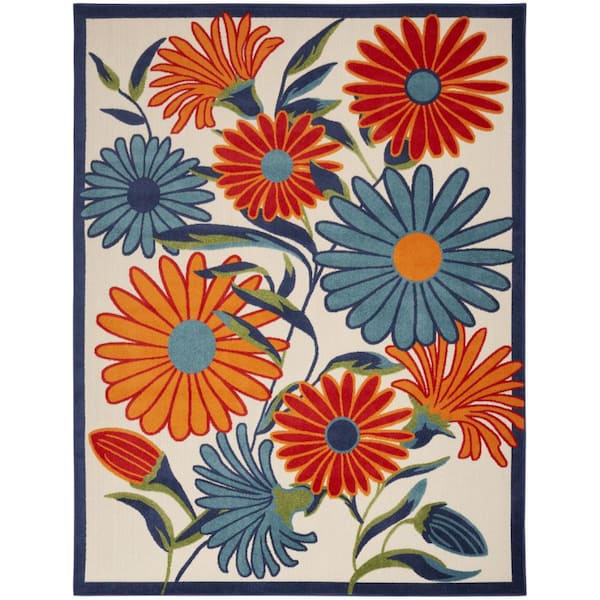 Ivory, Blue 9 ft. x 12 ft. Woven Polypropylene Rectangle Indoor/Outdoor Area Rug