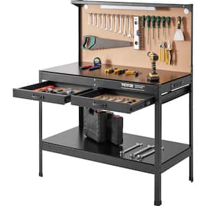 47 in. W x 24 in. D Heavy Duty Steel Workbench in Black 220 lbs. Load Capacity with Pegboard, 2 Drawers and 30 Hooks