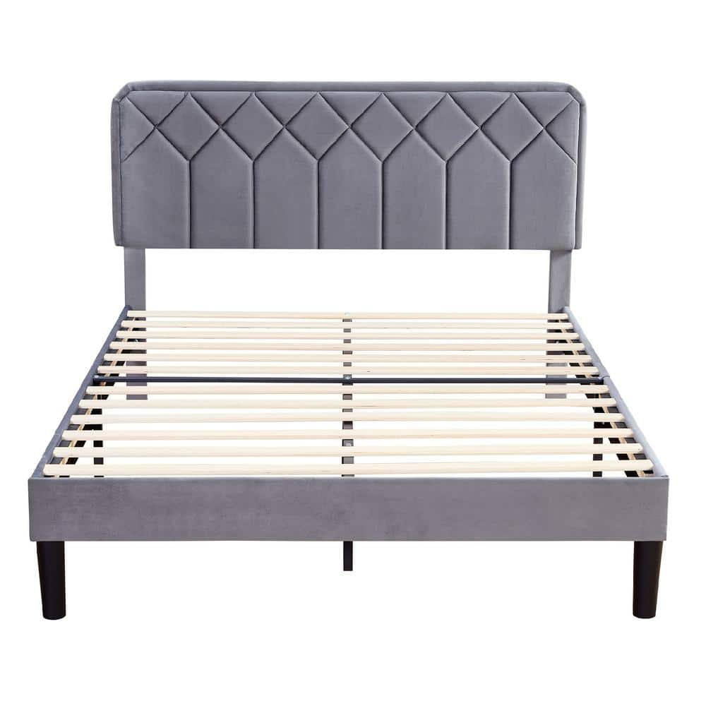 VECELO Bed Frame With Upholstered Headboard, Gray Metal Frame Full ...