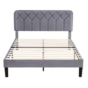 Bed Frame with Upholstered Headboard, Gray Metal Frame Full Platform Bed with Strong Frame and Wooden Slats Support